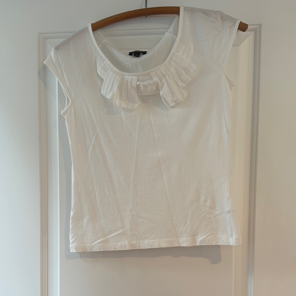 Talbots White Cap Sleeve Top with Ruffle Neck
